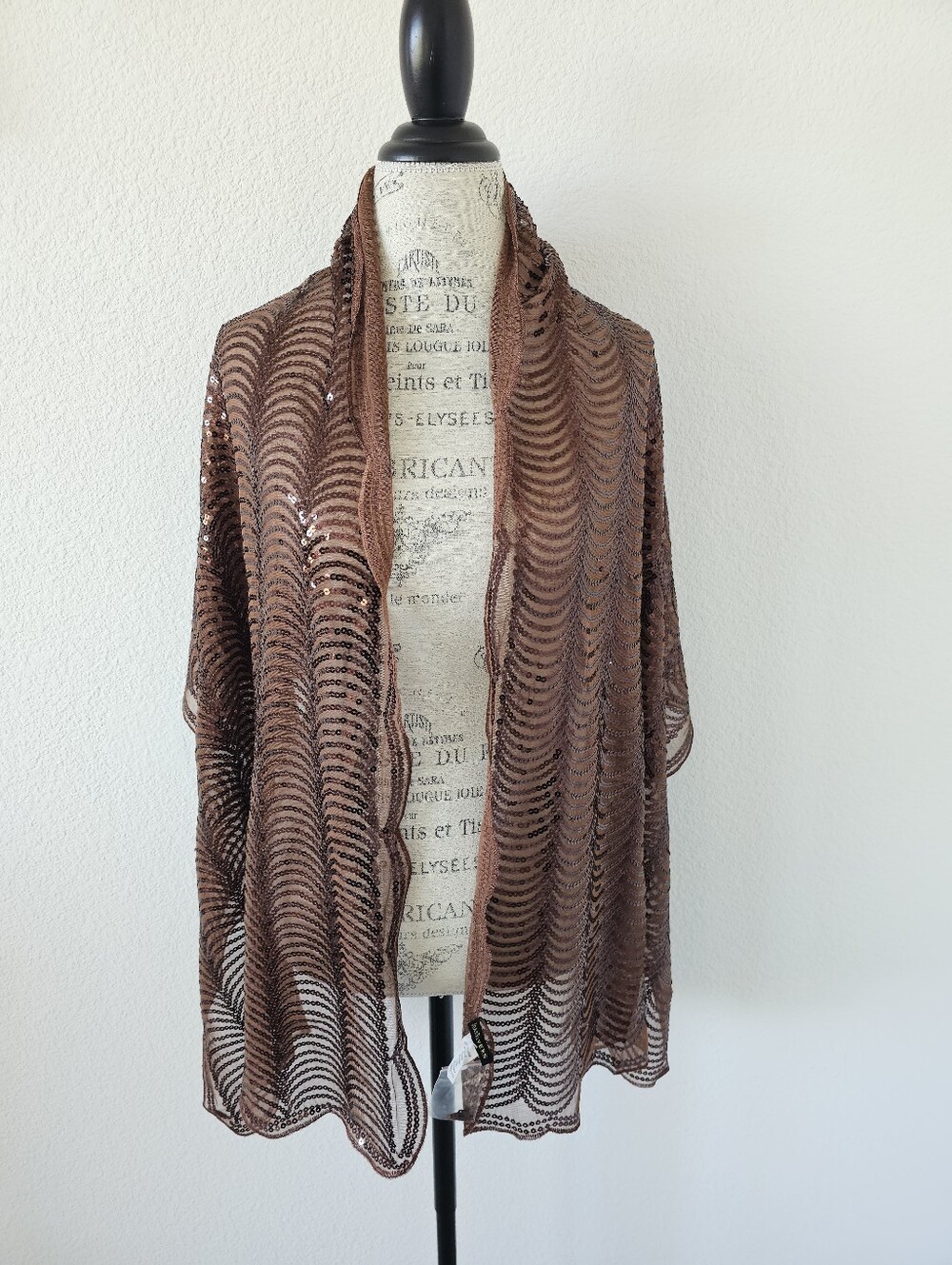 NWT Joan Rivers Sequin Sheer Mesh Wrap Shawl Scarf – Bronze Brown Wave Pattern